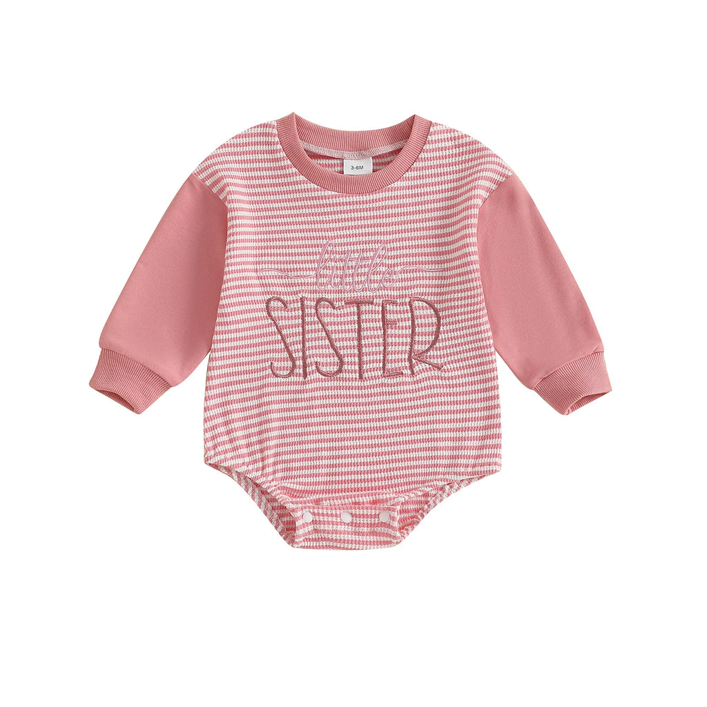 Baby Boys Girls Fall Romper Stripe Letter Little Brother Sister Embroidery Long Sleeve Crew Neck Bubble Jumpsuit