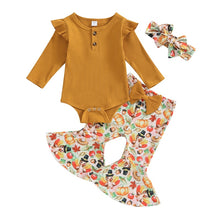 Load image into Gallery viewer, Baby Girl 3Pcs Thanksgiving Clothes Flying Sleeve Crewneck Romper Turkey Pattern Flare Pants Bow Headband Outfit Set
