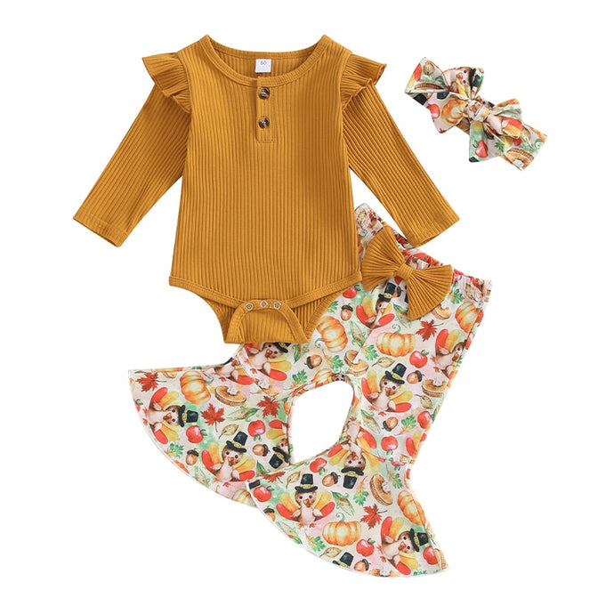 Baby Girl 3Pcs Thanksgiving Clothes Flying Sleeve Crewneck Romper Turkey Pattern Flare Pants Bow Headband Outfit Set