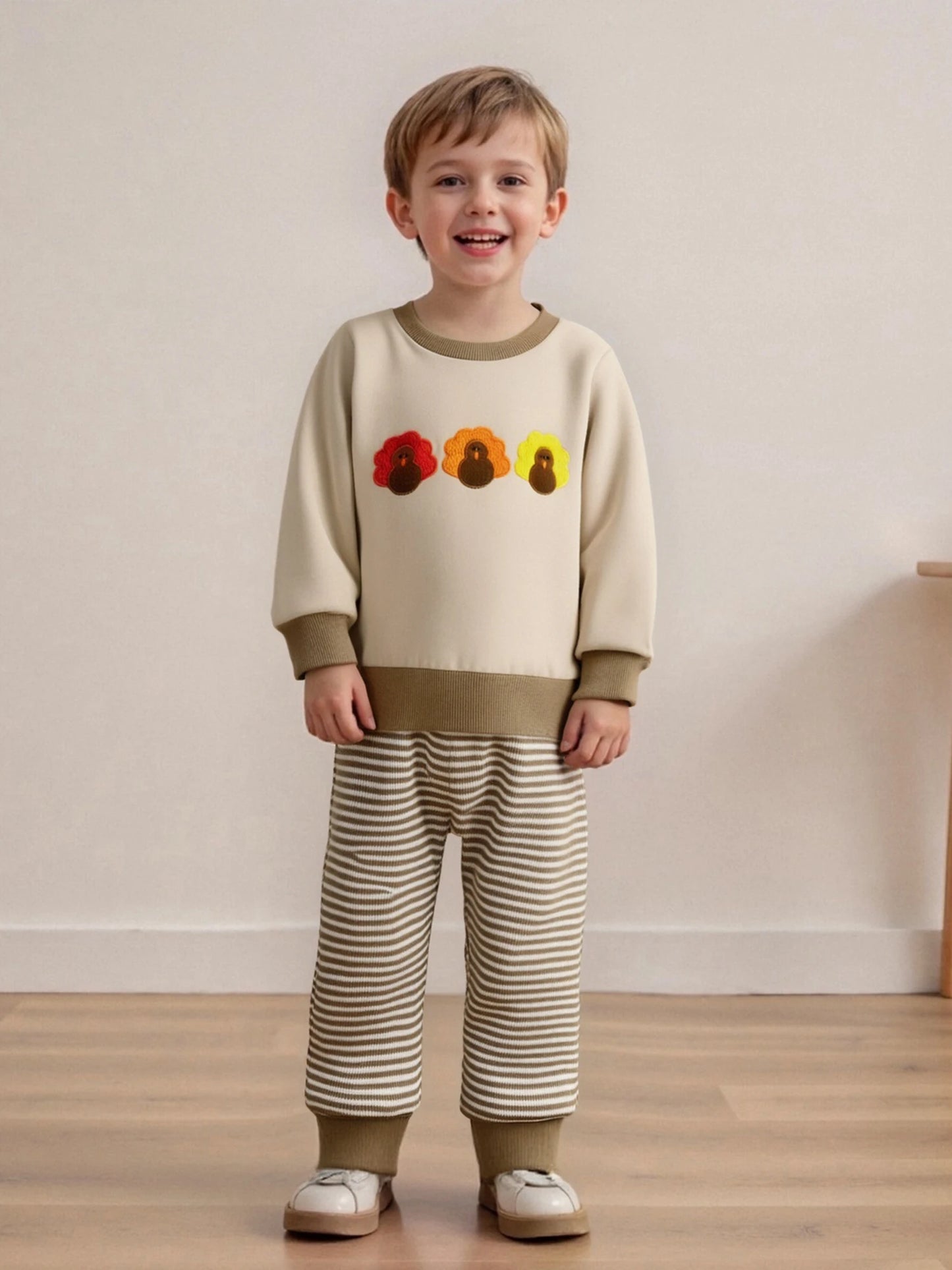 Baby Toddler Boys 2Pcs Jogger Set Long Sleeve Crew Neck Embroidery Gobble Turkey Top with Striped Pants Thanksgiving Clothes