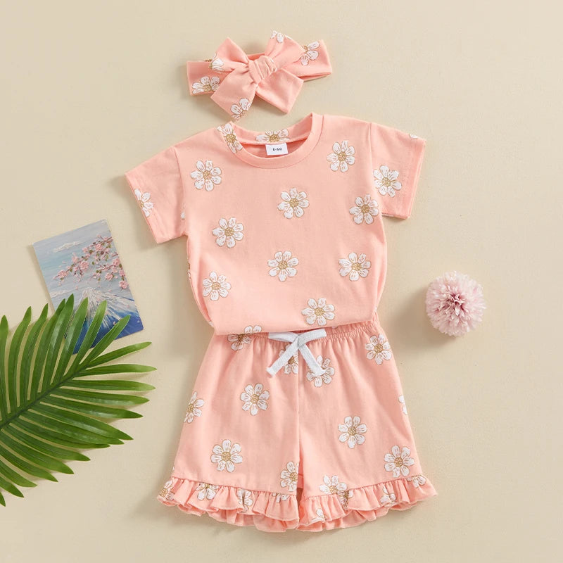 Baby Toddler Girl 3Pcs Summer Outfit Floral Flower Print Short Sleeve Top with Elastic Waist Ruffled Shorts Headband Set