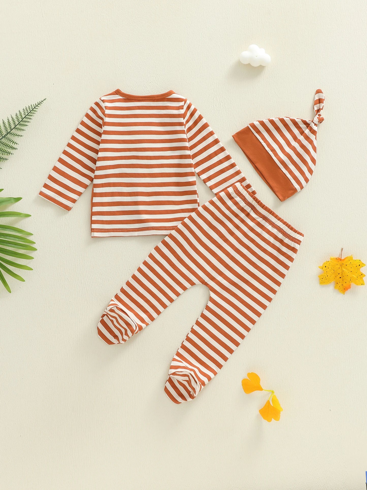 Baby Boys 3PCS Outfit Sets Long Sleeve Lion Embroidery Top Striped Pants Hat Set