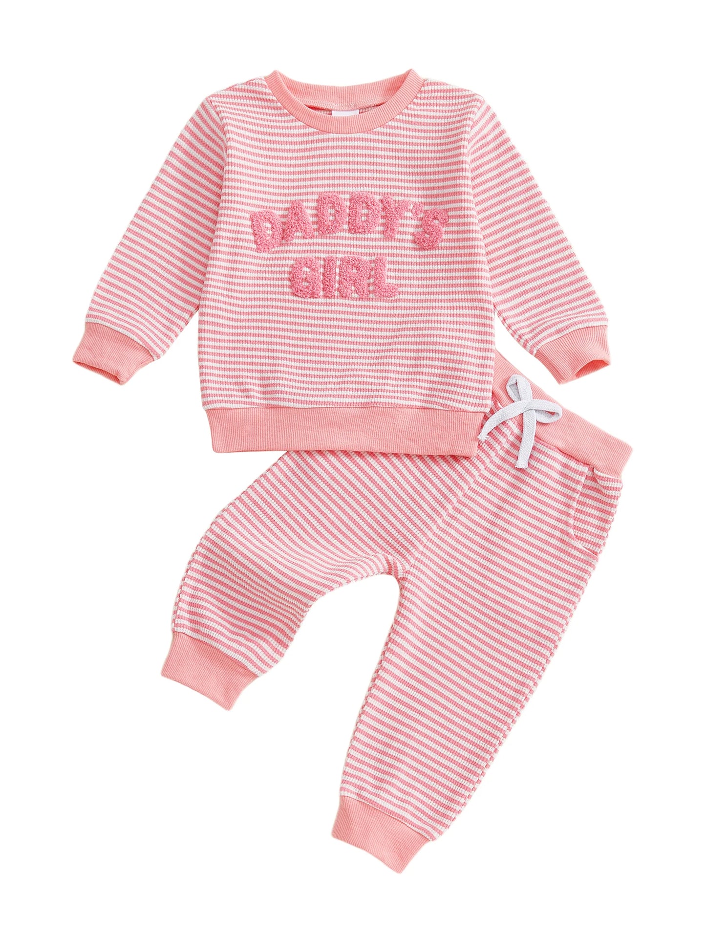 Baby Toddler Girl 2Pcs Daddy's Girl Fall Stripe Outfits Letter Embroidery Long Sleeve Round Neck Pullover Elastic Waist Pants 2Pcs Set