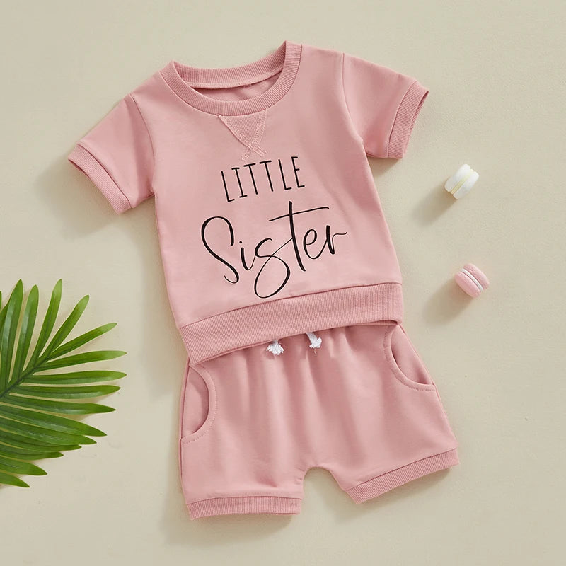 Toddler Baby Girls 2Pcs Little Sister Shorts Set Short Sleeve Letters Print Top + Elastic Waist Shorts Summer Outfit