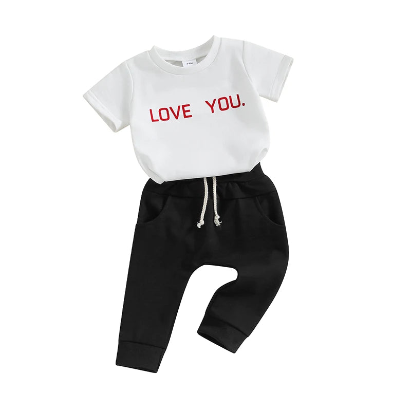 Toddler Baby Boy Girl 2Pcs Valentine's Day Outfit Pullover Short Sleeve Letters LOVE YOU Top Long Pants Set