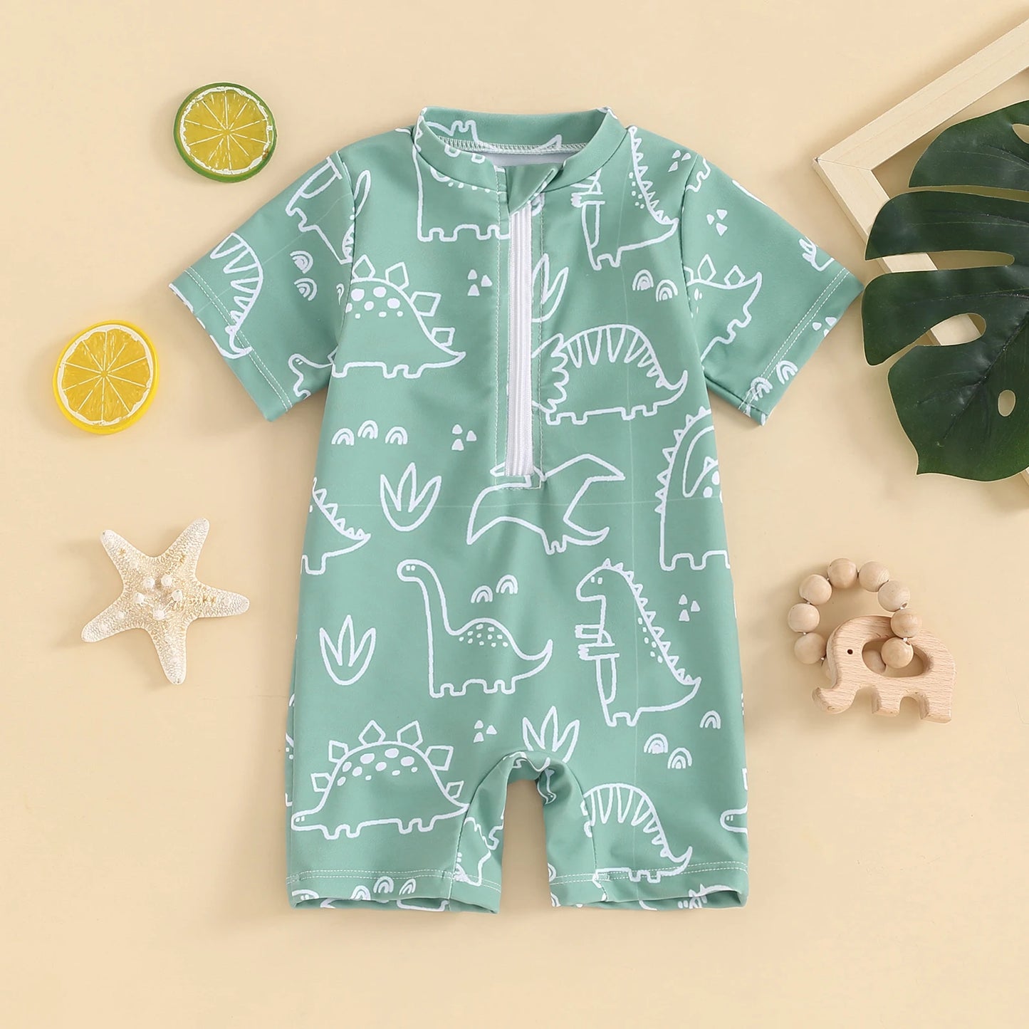 Baby Toddler Boy's Swimwear Short Sleeve Dinosaur Penguin Print Half Zip Up Rash Guard Bathing Suit