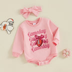 Baby Girls 2Pcs Gameday Football Letter Bow Print Long Sleeve Bubble Romper Headband Outfit Set