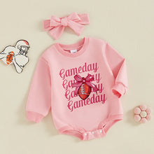 Load image into Gallery viewer, Baby Girls 2Pcs Gameday Football Letter Bow Print Long Sleeve Bubble Romper Headband Outfit Set
