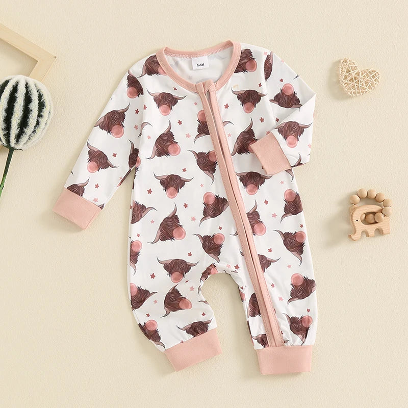 Baby Toddler Boys Girls Casual Jumpsuit Long Sleeve Cattle Head Cow Cactus Candy Cane Snowflake Print Zipper Romper