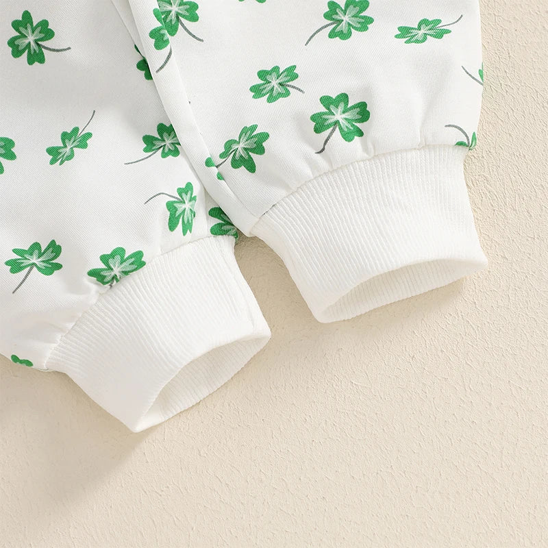 Baby Toddler Girls Boys 2Pcs St. Patrick's Day Outfit Four Leaf Clover Shamrock Print Long Sleeve Crewneck Top and Elastic Pants Jogger Set