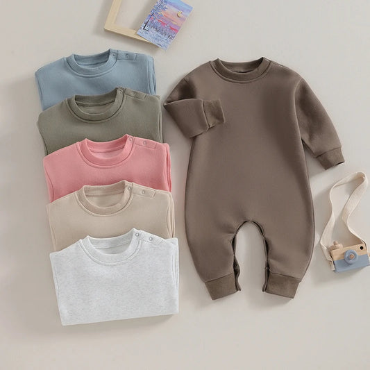 Baby Boy Girl Clothes Solid Color Long Sleeve Romper Jumpsuit Crewneck Rompers