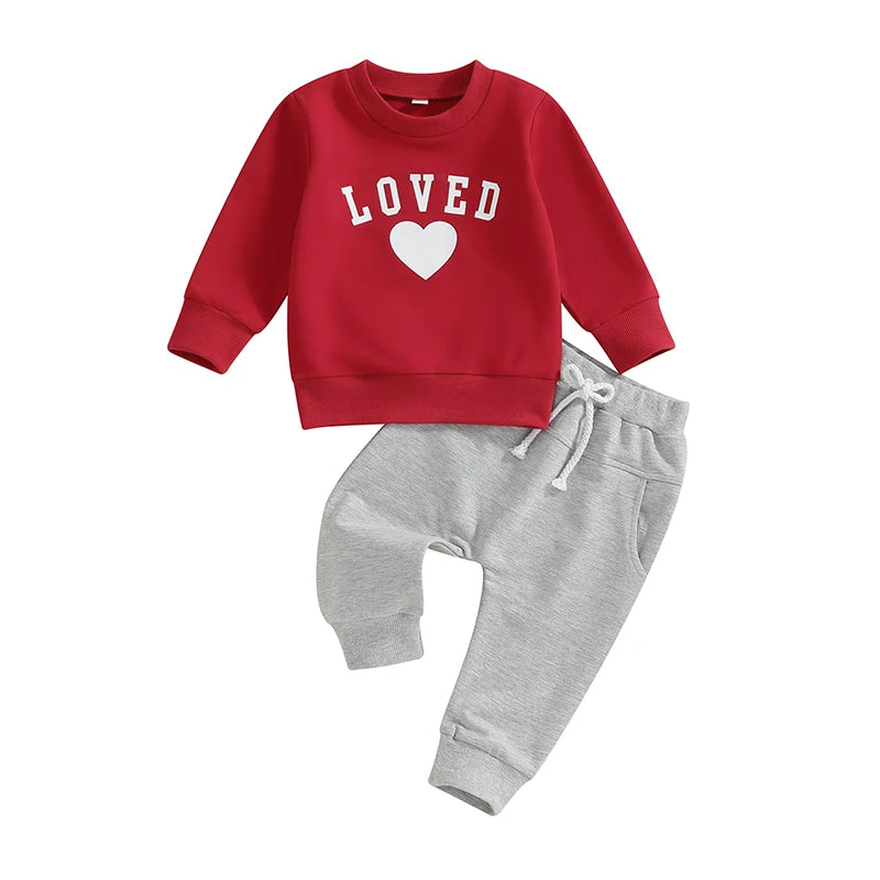 Baby Toddler Boys Girls 2Pcs Valentine's Day Outfits Heart Letter Loved Print Long Sleeve Top and Long Pants Clothes Set