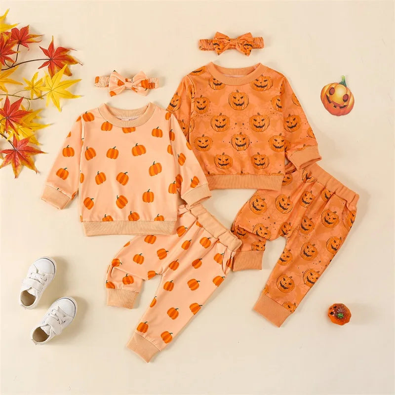 Baby Toddler Girls 3Pcs Halloween Outfit Pumpkin Print Long Sleeve Top Long Pants Headband Fall Set