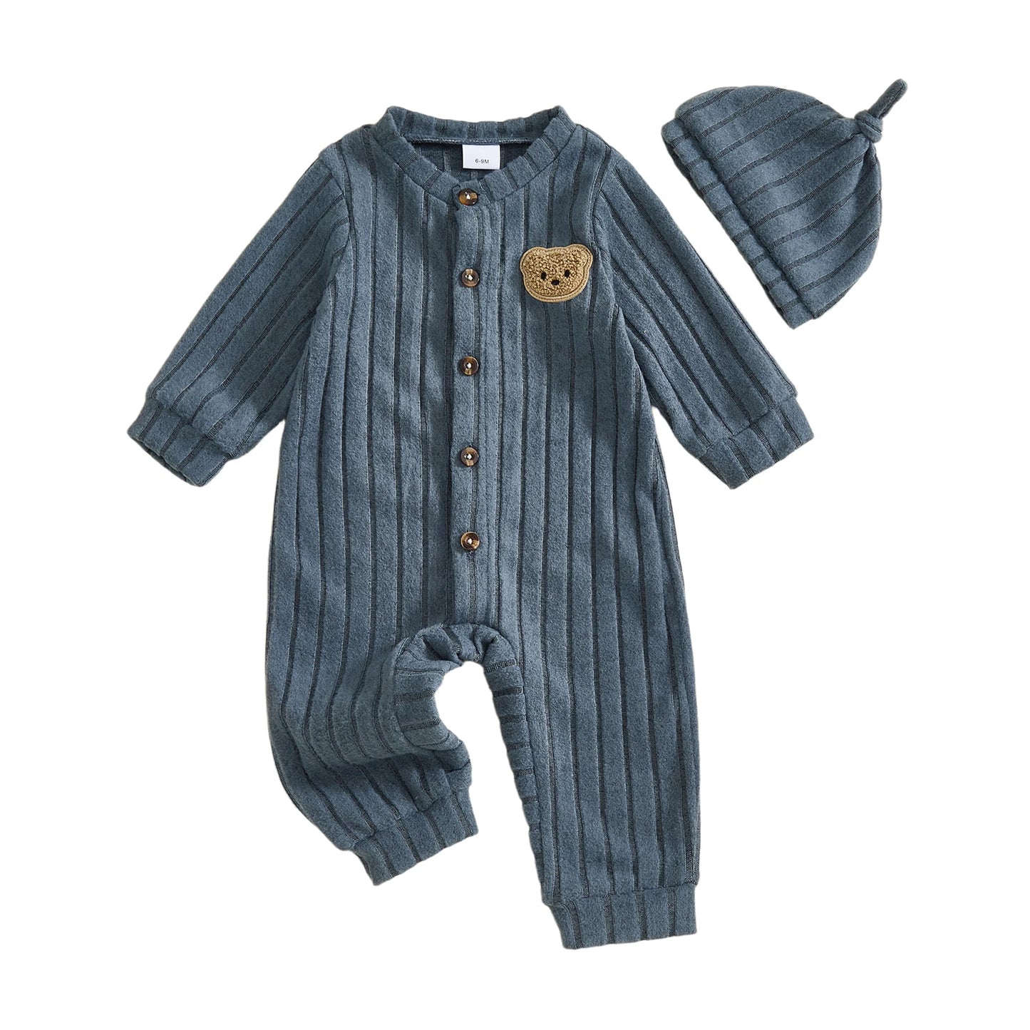 Baby Toddler Boy 2Pcs Jumpsuit and Hat Set Long Sleeve Bear Embroidery Button Down Romper with Hat Newborn Outfit