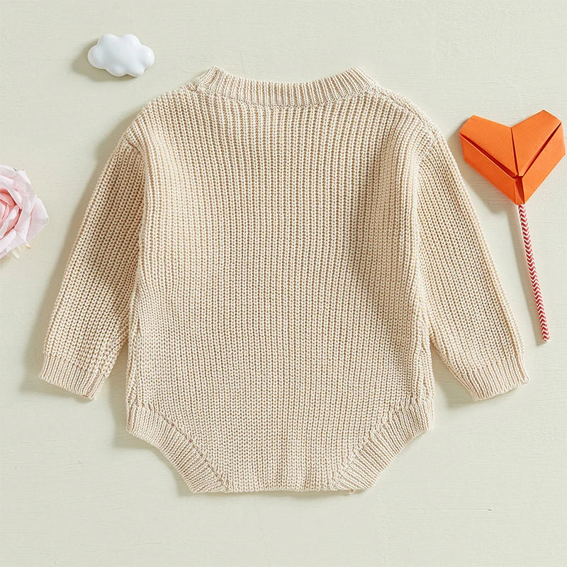 Baby Girl Boy Love Valentine’s Day Romper Long Sleeve O-Neck Letter Embroidery Knit Jumpsuit Sweater Bodysuit