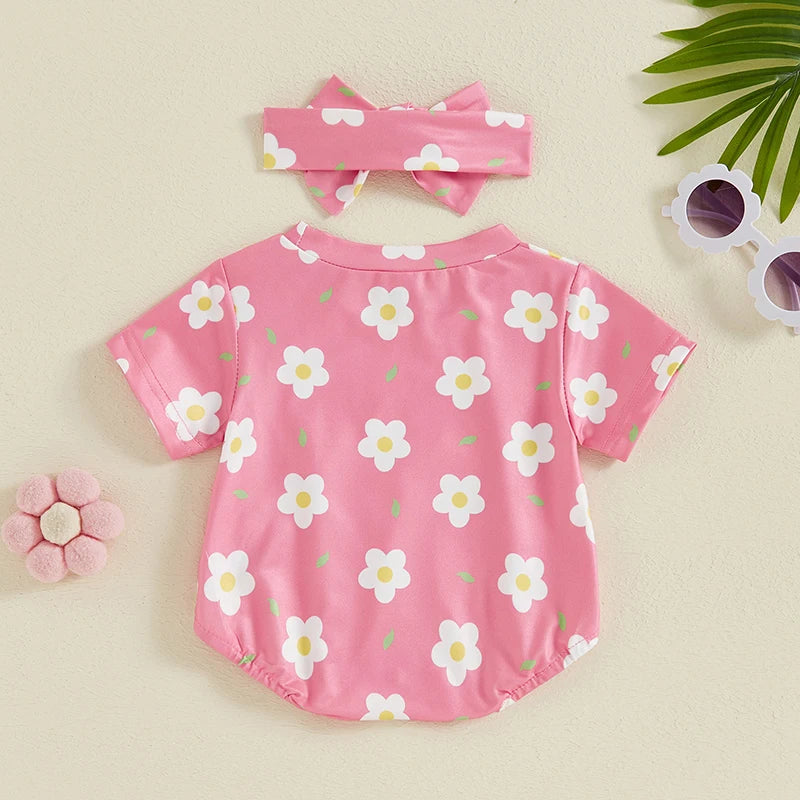 Baby Girl 2Pcs Summer Outfit Short Sleeve Flower Leaf Print Romper with Headband Set