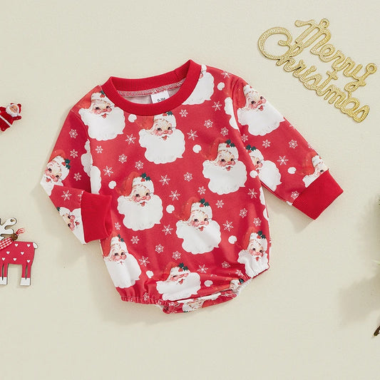 Baby Boys Girls Christmas Bubble Romper Santa Print Long Sleeve Jumpsuit