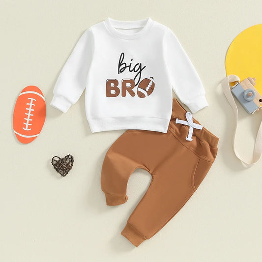 Baby Toddler Kids Boys 2Pcs Big Bro Outfit Long Sleeve Letters Football Print Top with Elastic Waist Pants Fall Game Day Jogger Set