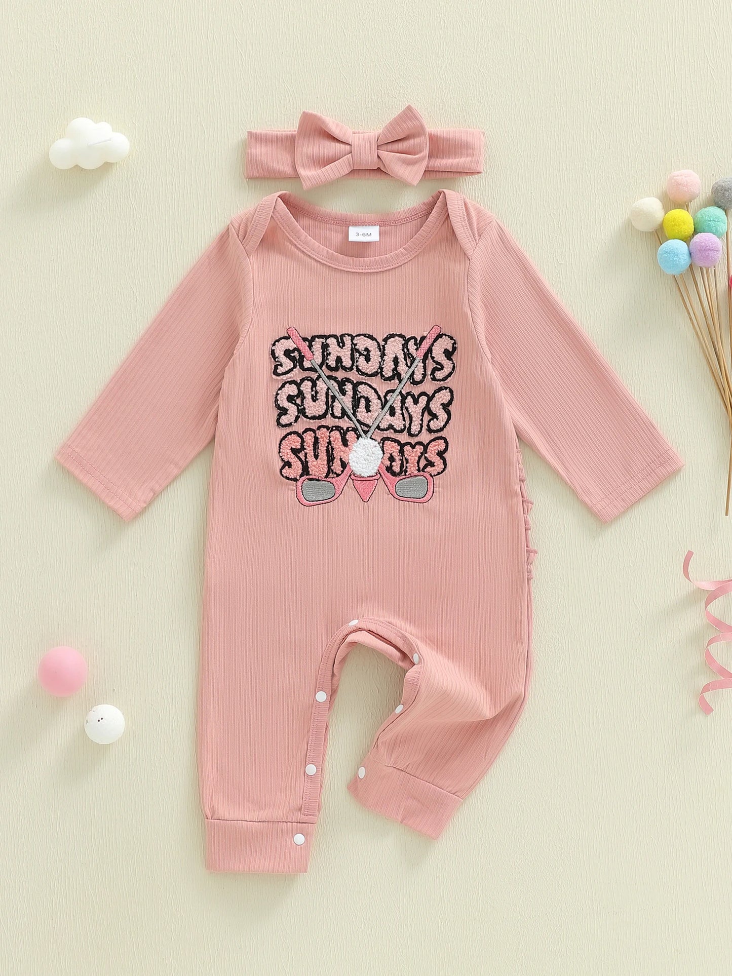 Baby Girl 2Pcs Sunday Outfit Golf Embroidered Ribbed Crew Neck Long Sleeve Romper and Bow Headband Set