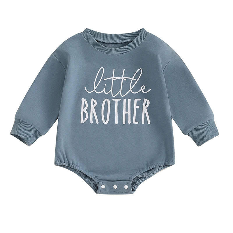 Baby Boys Little Brother Bubble Romper Letter Print Round Neck Long Sleeve Bodysuit Jumpsuit