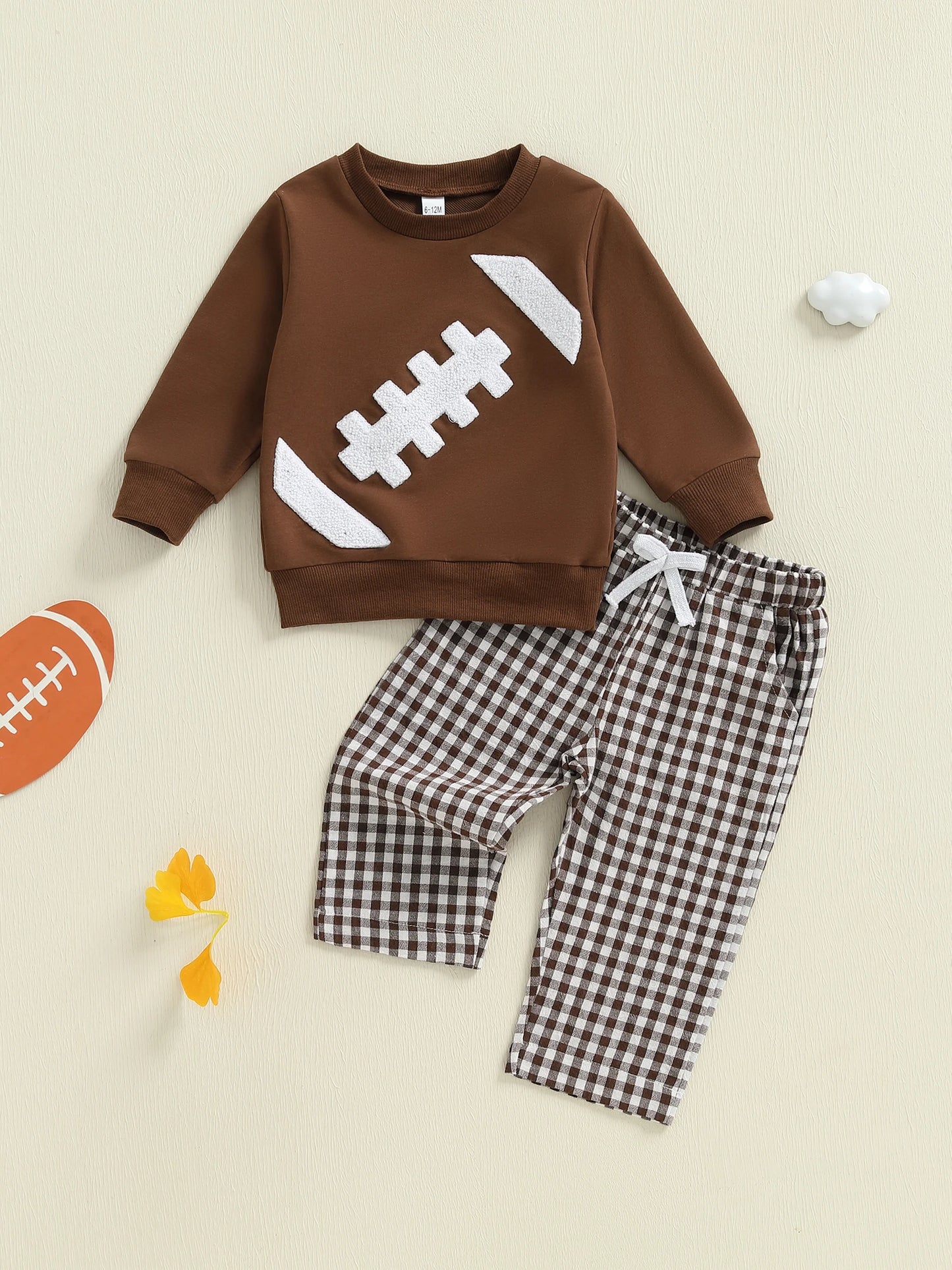 Baby Toddler Boys 2Pcs Fall Set Fashionable Long Sleeve Football Embroidery Pullover with Plaid Pants Outfits
