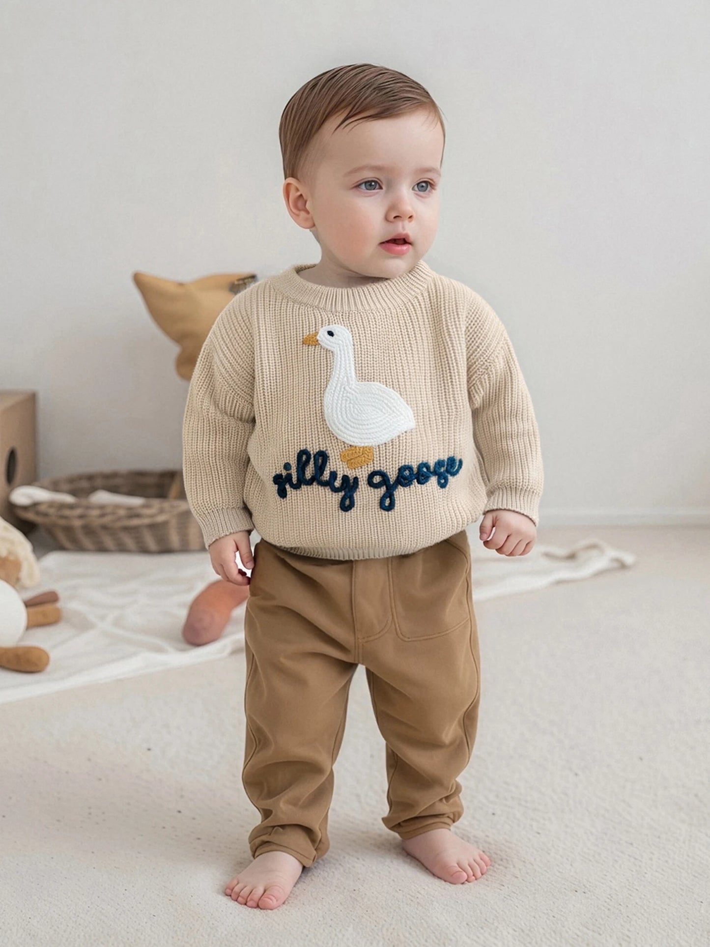 Baby Toddler Boys Girls Silly Goose Sweater Animal Letter Embroidered Crewneck Long Sleeve Pullover Knit Top
