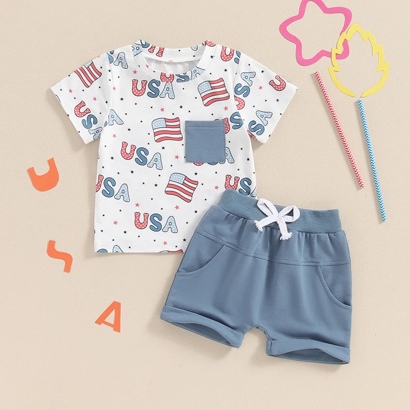 Baby Toddler Boys 2Pcs 4th of July USA Outfit Short Sleeve Letter Flag/Star Checkerboard Print Top Drawstring Shorts Set