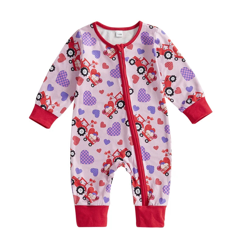 Baby Girl Valentine's Day Romper Heart Tractor Print Zipper Front Long Sleeve Full Length Valentines Jumpsuit