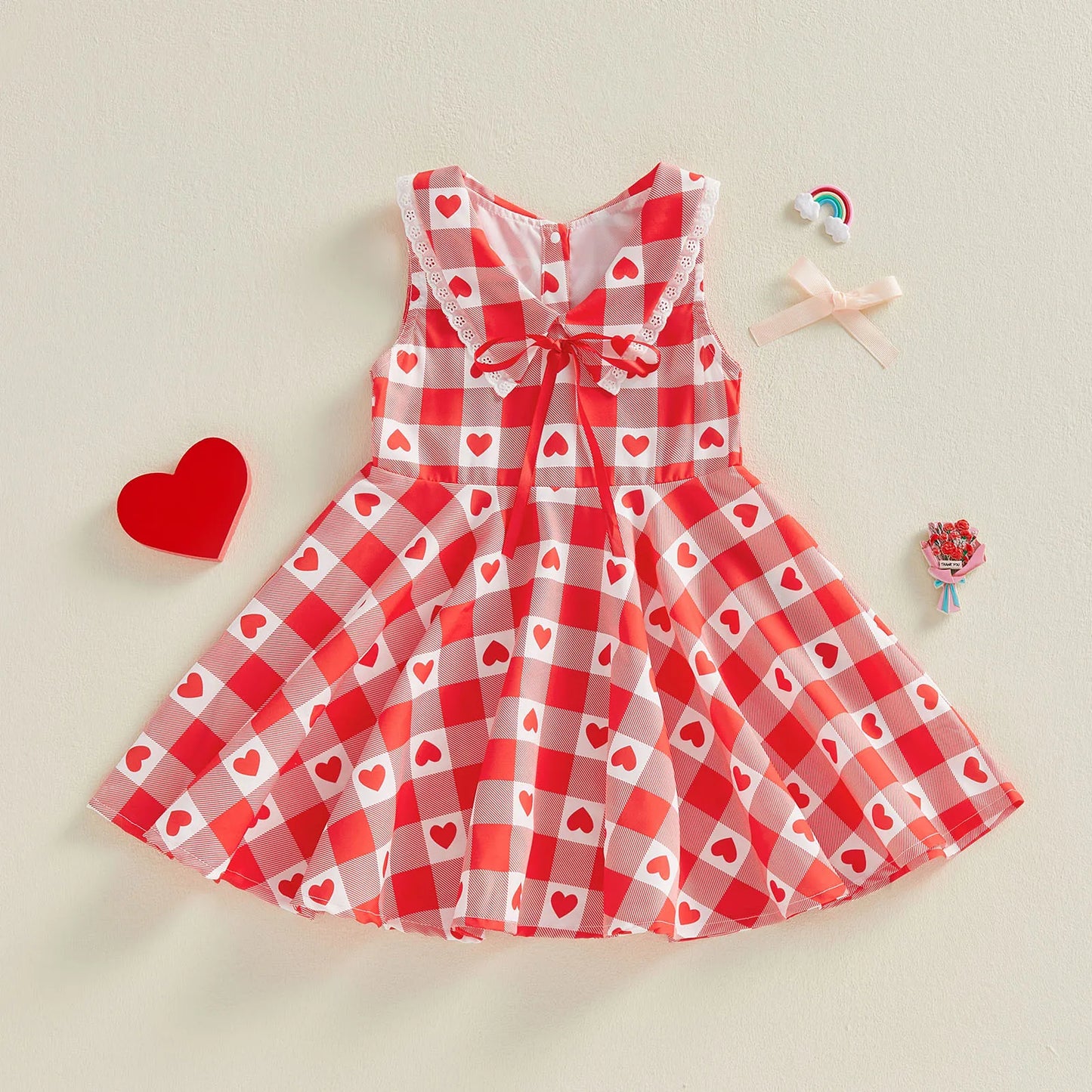 Baby Toddler Kids Girls Valentine's Day Dress Summer Sleeveless Lapel Plaid Heart Print Sweet A-Line Sundress