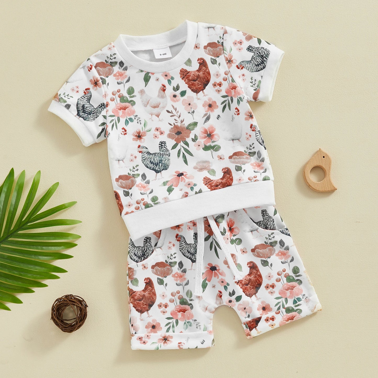 Toddler Baby Girls Boys Shorts Sets Short Sleeve Floral Chick Print Top Drawstring Shorts Outfit