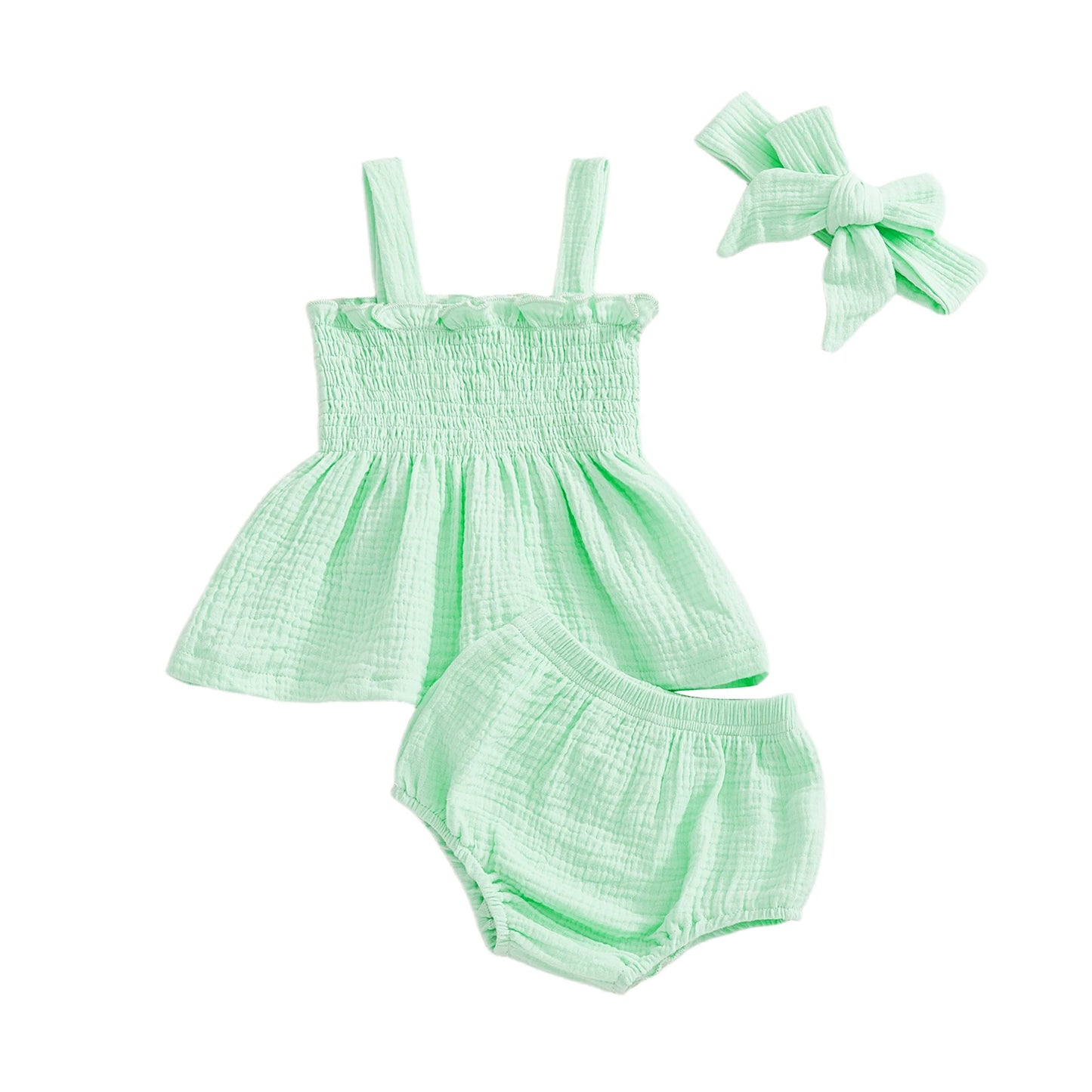 Baby Girl Summer Outfits Solid Color Ruffled Trim Smocked A Line Sleeveless Tops Shorts and Headband 3 Pcs Set