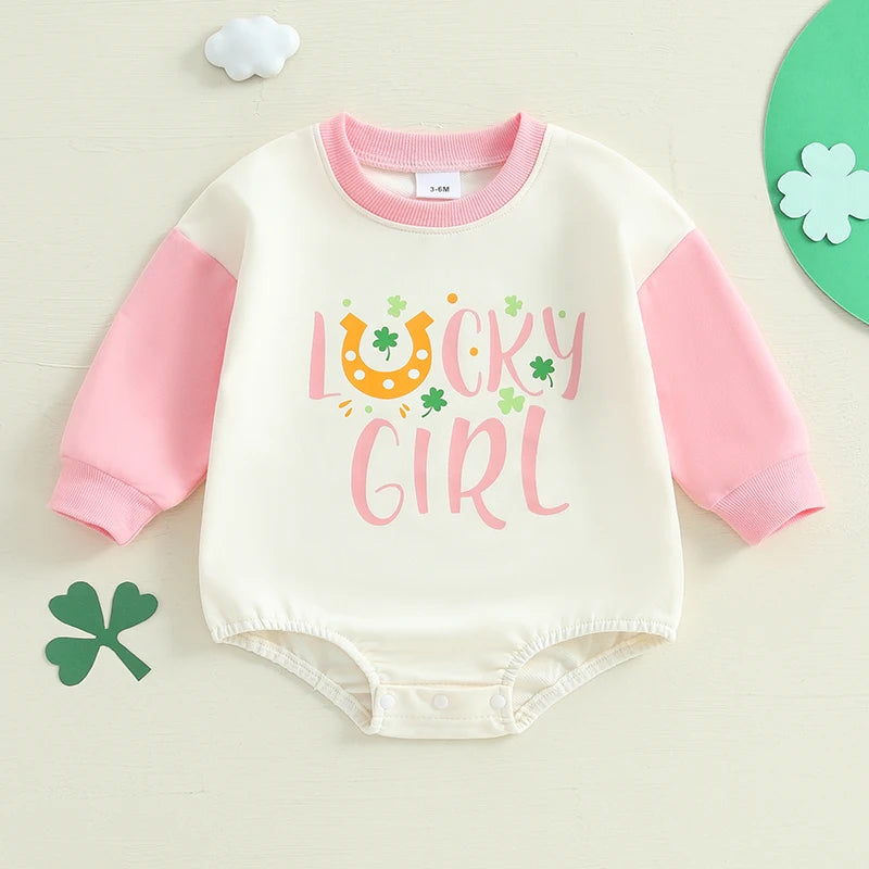 Baby Girls Lucky Girl Spring St. Patrick's Day Bubble Romper Long Sleeve Crewneck Shamrock Horseshoe Print Bodysuit