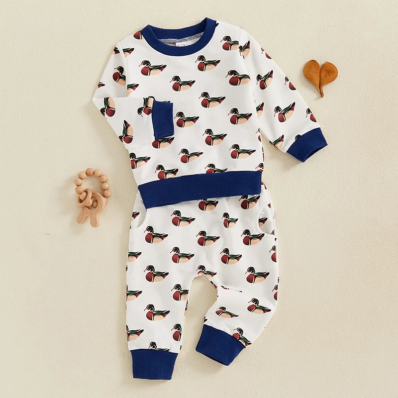 Baby Toddler Boys 2Pcs Fall Jogger Set Duck Print Long Sleeve Crew Neck Top with Elastic Waist Pants Outfit