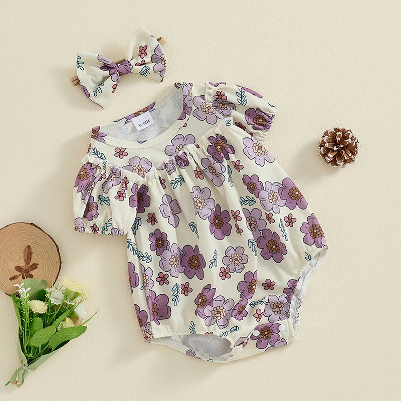 Baby Girls 2Pcs Outfit Short Sleeve Crew Neck Flower Print Bodysuit with Bow Headband Summer Clothes Set