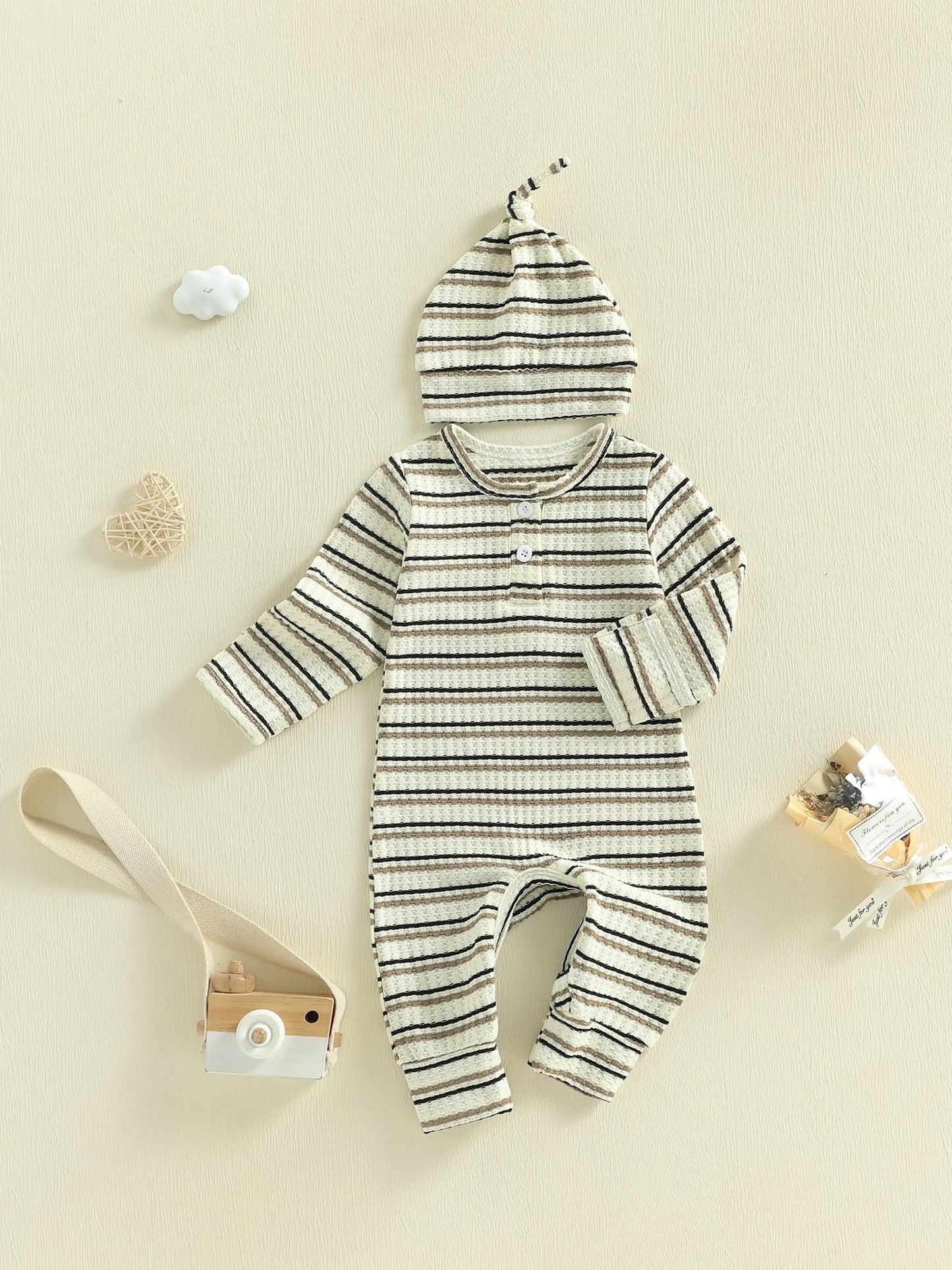 Baby Boy Girl 2Pcs Outfit Striped Long Sleeve Romper and Knotted Hat Spring Set