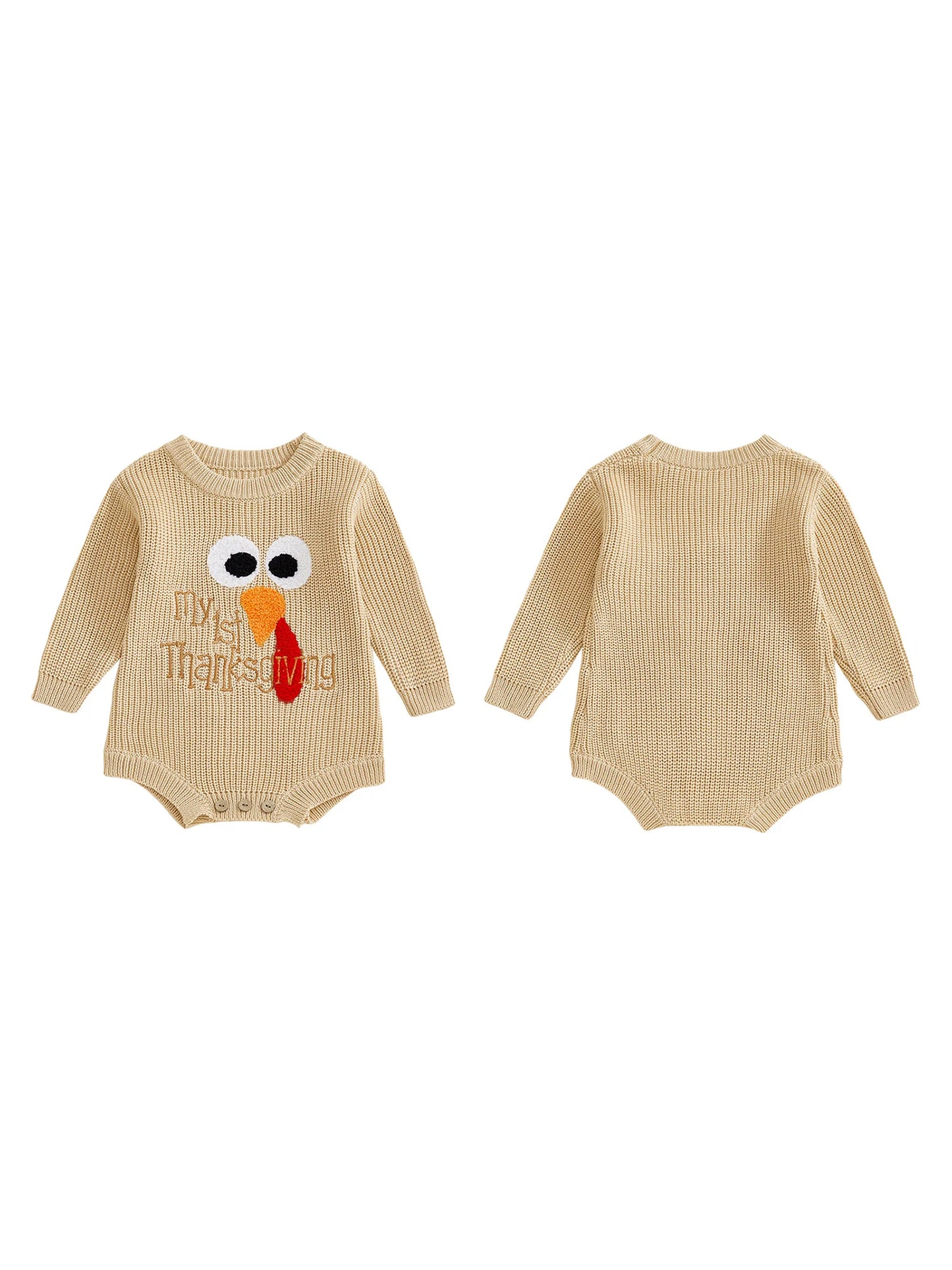 Baby Boys Girls My First Thanksgiving Romper Turkey Embroidery Long Sleeve Crew Neck Knit Bodysuit Romper