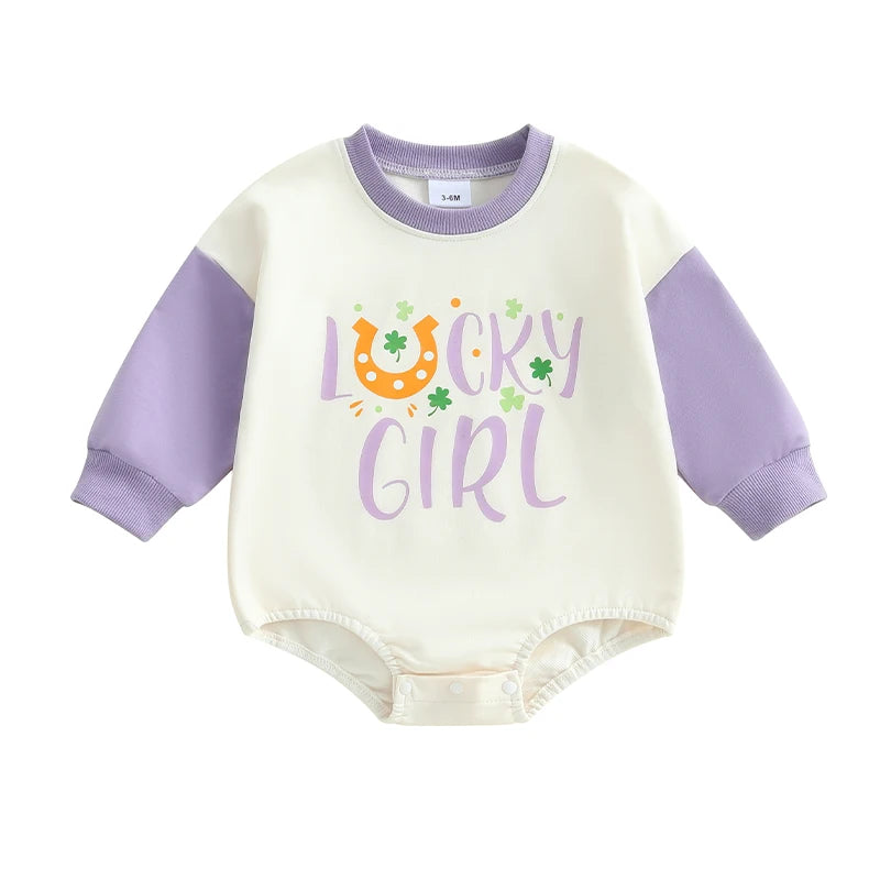 Baby Girls Lucky Girl Spring St. Patrick's Day Bubble Romper Long Sleeve Crewneck Shamrock Horseshoe Print Bodysuit