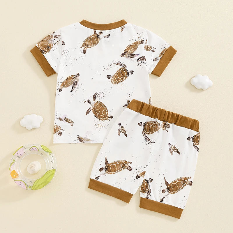 Baby Toddler Boys 2Pcs Summer Outfit Ocean Turtle Print Short Sleeve Top Elastic Waist Shorts Clothes Set