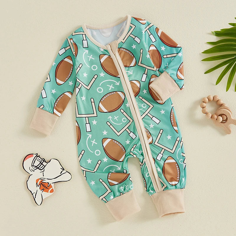 Baby Boy Long Sleeve Romper Football Print Front Zipper Jumpsuit Fall