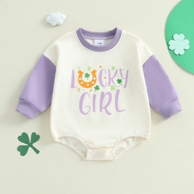 Baby Girls Lucky Girl Spring St. Patrick's Day Bubble Romper Long Sleeve Crewneck Shamrock Horseshoe Print Bodysuit