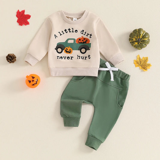 Baby Toddler Boys 2Pcs A Little Dirt Never Hurt Halloween Outfit Pumpkin Truck Letter Print Long Sleeve Crewneck Top and Long Pants Set