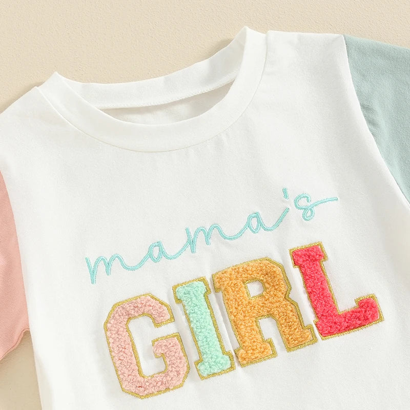 Baby Toddler Girl 2Pcs Mama's Girl Letter Embroidery Short Sleeve Round Neck Top with Solid Color Shorts Set