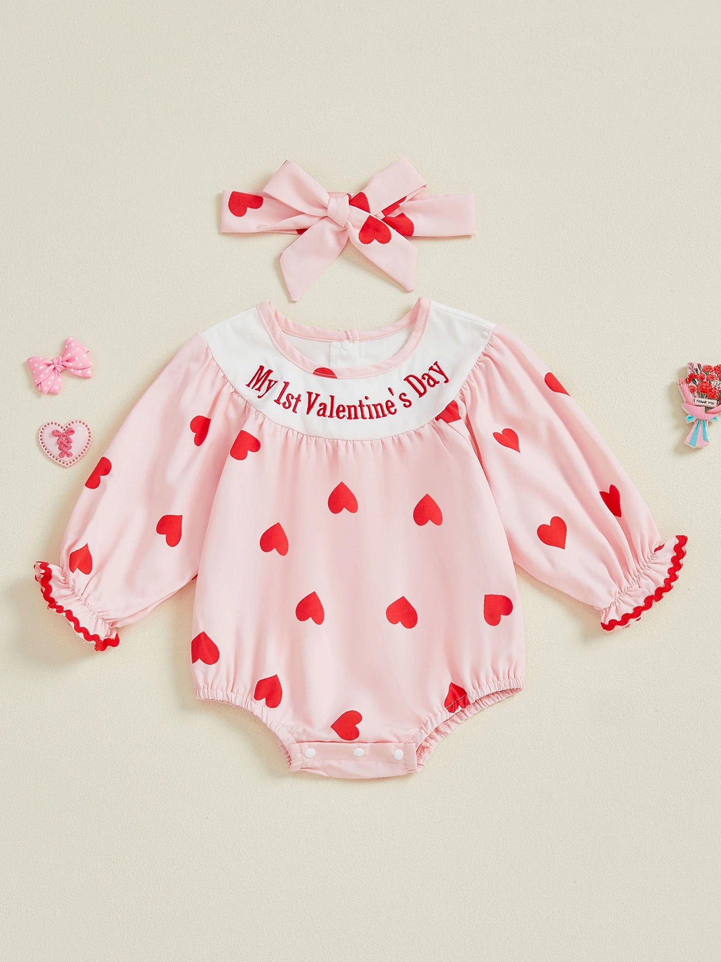 Baby Girl 2Pcs My 1st Valentine's Day Romper with Heart Print and Letter Embroidery Long Sleeve Infant Jumpsuit with Matching Headband Set