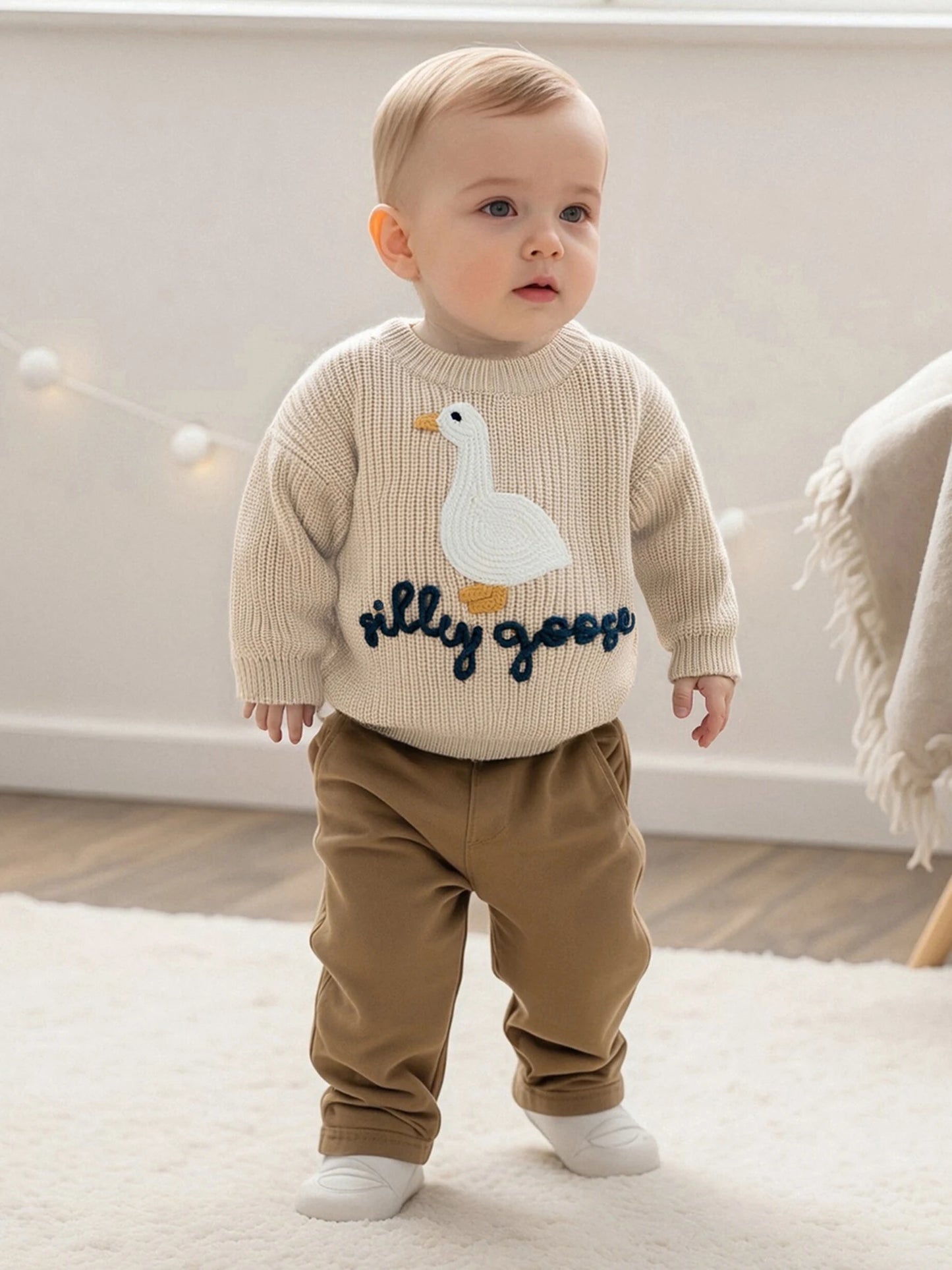 Baby Toddler Boys Girls Silly Goose Sweater Animal Letter Embroidered Crewneck Long Sleeve Pullover Knit Top