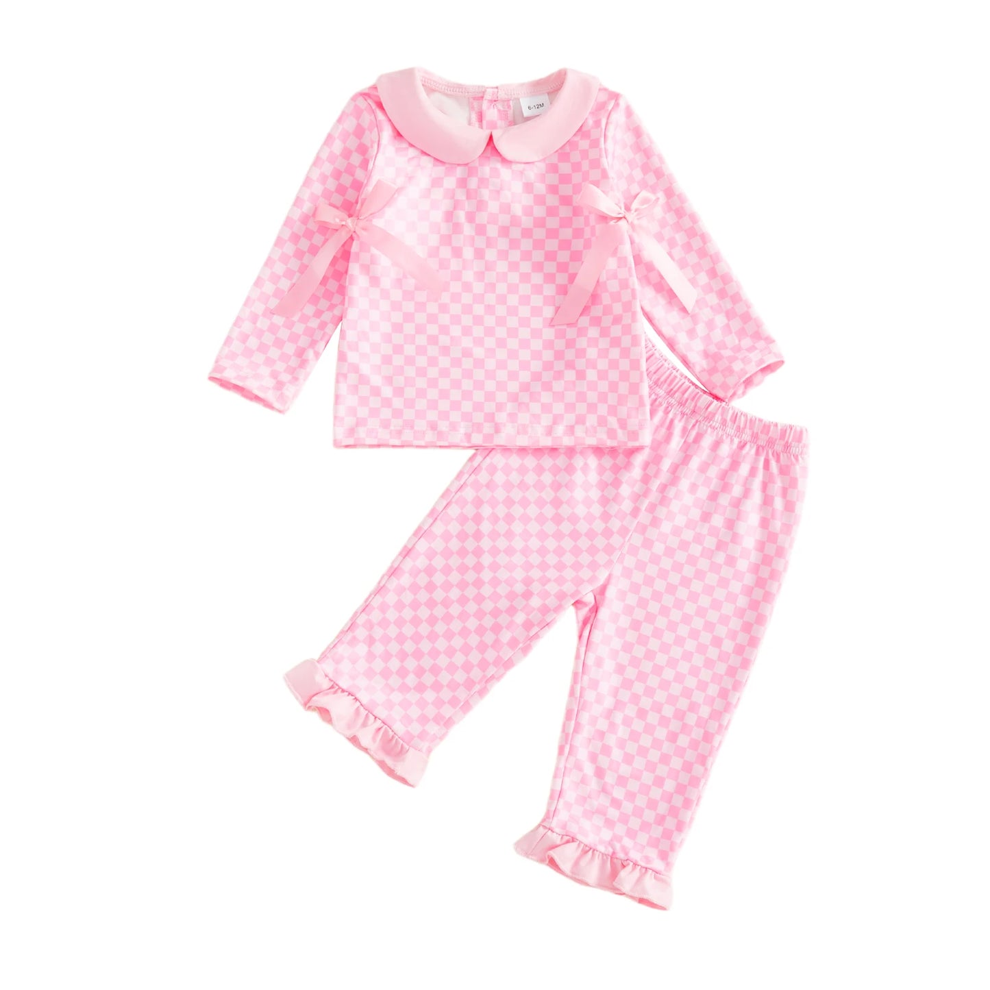 Baby Toddler Girls 2Pcs Pants Sets Long Sleeve Doll Collar Plaid Top Flared Pants Set