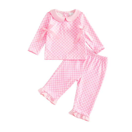 Baby Toddler Girls 2Pcs Pants Sets Long Sleeve Doll Collar Plaid Top Flared Pants Set
