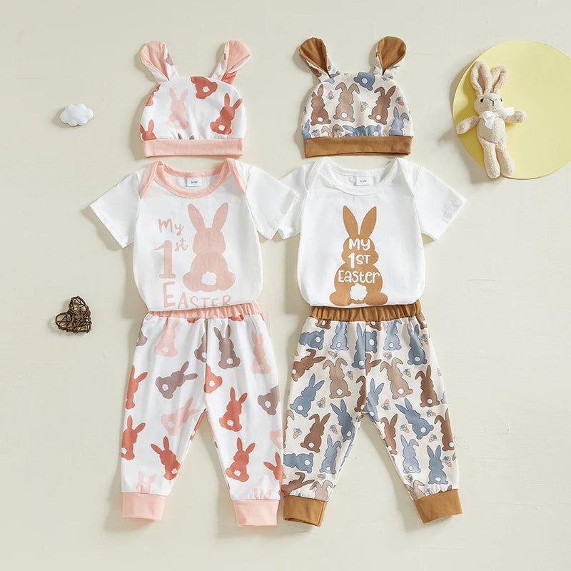 Baby Girl Boy 3Pcs My First 1st Easter Outfit Bunny Print Short Sleeve Romper Bodysuit Long Pants Hat with Rabbit Ears Spring Set