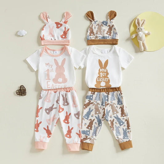 Baby Girl Boy 3Pcs My First 1st Easter Outfit Bunny Print Short Sleeve Romper Bodysuit Long Pants Hat with Rabbit Ears Spring Set