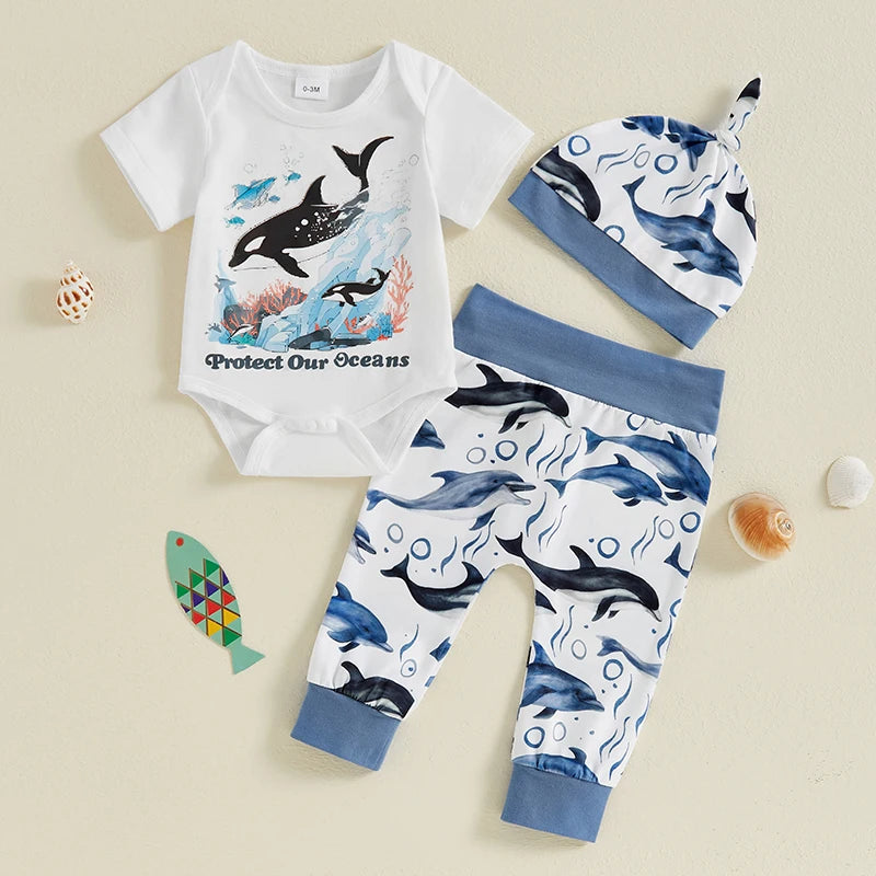 Baby Boy 3Pcs Protect Our Oceans Outfit Letter Sea Animal Dolphin Whale Print Short Sleeve Romper and Elastic Pants Beanies Hat Set