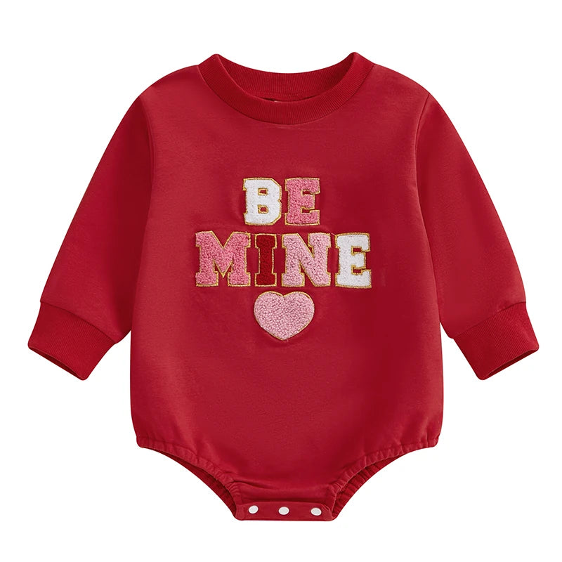 Baby Girls Bubble Romper Valentine's Day Be Mine / Kiss Me / Sweet Heart Letter Embroidered Long Sleeve Jumpsuit Valentines